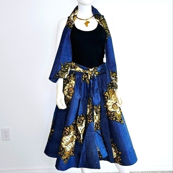 Short Printed Flared Sling Skirt with Headwrap / Sash One Size Fits S to 3 XL - Picture 1 of 4
